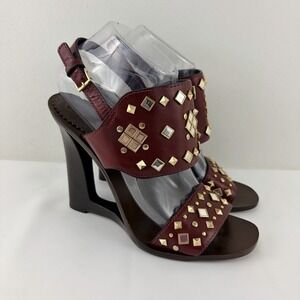 Tory Burch Women's Burgundy Studded Wedge Sandals 9M Leather Brazil